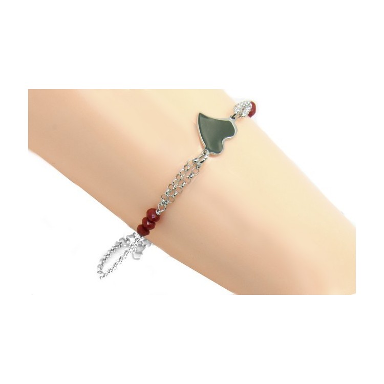 NSA|Bracciale donna ragazza uomo ragazzo Argento 925 lavorazione a rosario cristallo rosso con cuore centrale 15,50 - 18,00