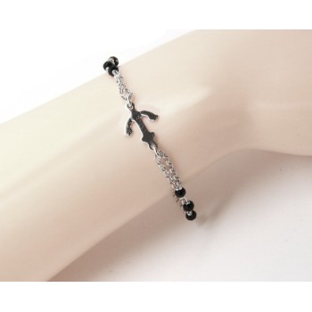 NSA|Bracciale uomo donna ragazzo Argento 925 lavorazione a rosario cristallo nero con ancora centrale 15,00-17,50 cm