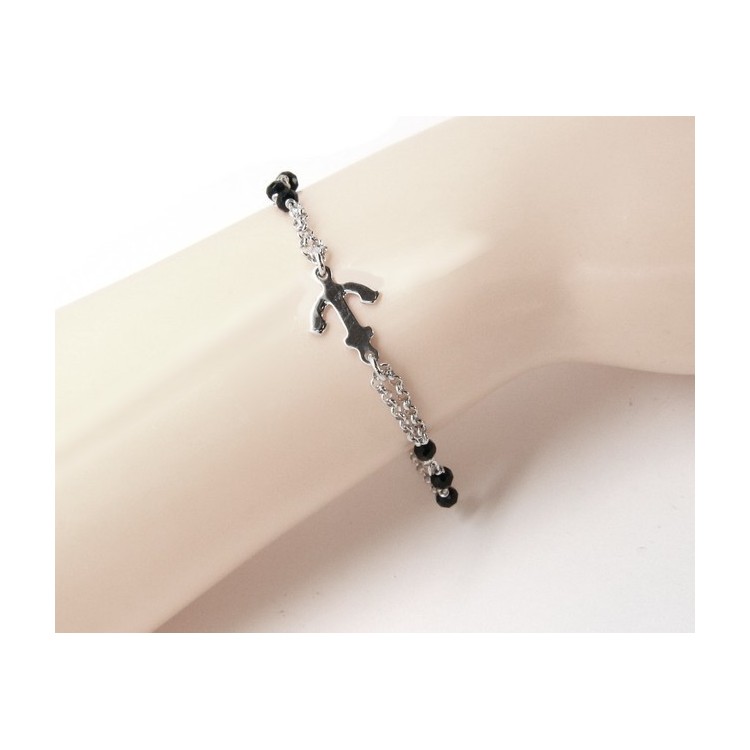 NSA|Men's Bracelet Men's Boy Silver 925 black crystal rosary work with still central 15.00-17.50 cm