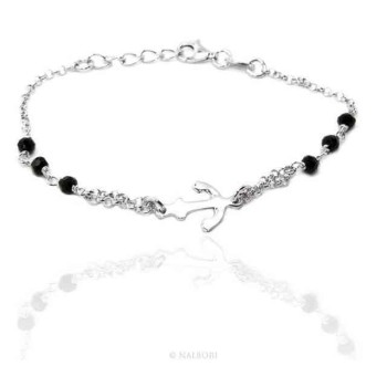 NSA|Bracciale uomo donna ragazzo Argento 925 lavorazione a rosario cristallo nero con ancora centrale 15,00-17,50 cm