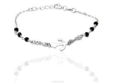 NSA|Bracciale uomo donna ragazzo Argento 925 lavorazione a rosario cristallo nero con ancora centrale 15,00-17,50 cm