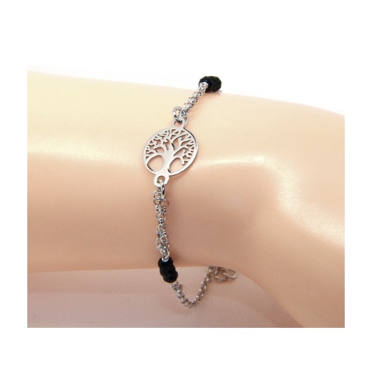 NSA|Man Woman Woman Bracelet Silver 925 Black Crystal Rosary Work with Tree of Central Life 15.50-18.50