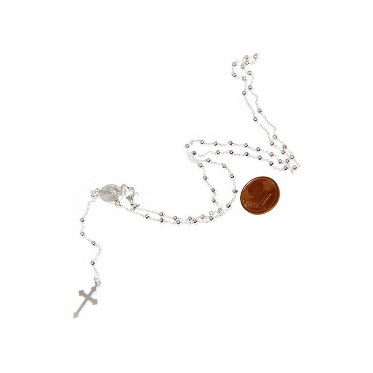 NSA|Man or Woman Rosary Necklace in 925 Sterling Silver Balls 2.5mm Miraculous Madonna Cross