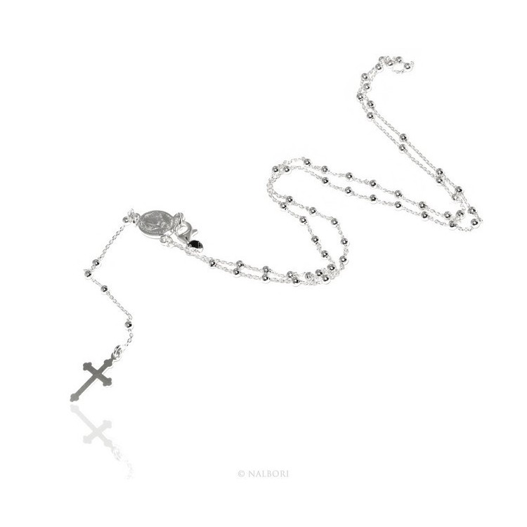 NSA|Man or Woman Rosary Necklace in 925 Sterling Silver Balls 2.5mm Miraculous Madonna Cross