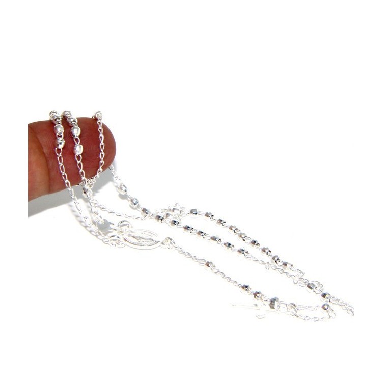 NSA|Collana rosario uomo o donna in Argento 925 palline diamantate 3mm croce madonna miracolosa
