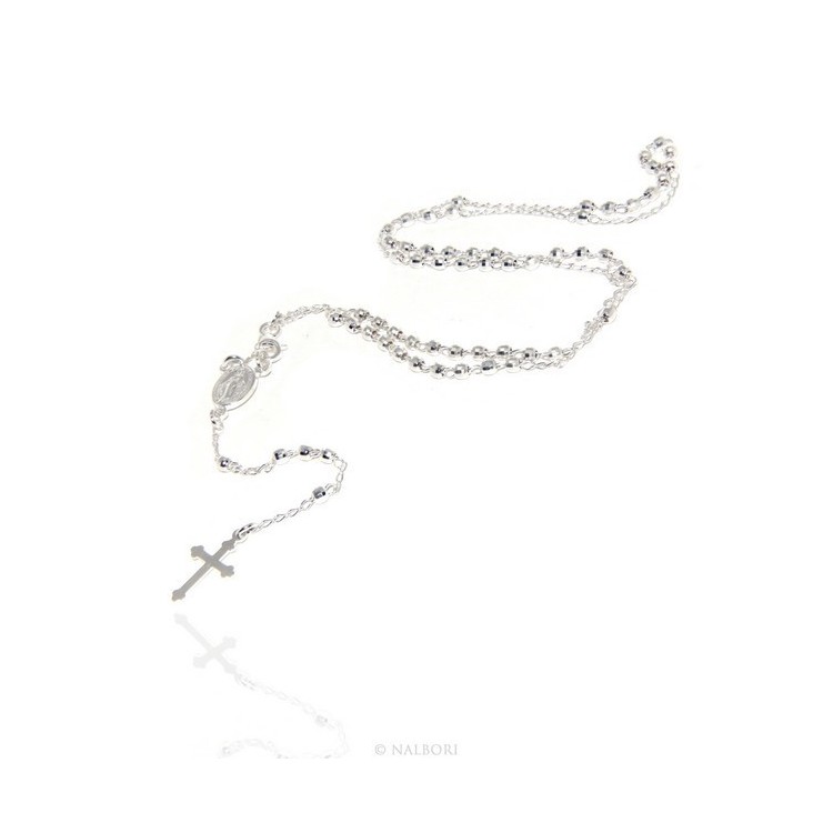 NSA|Collana rosario uomo o donna in Argento 925 palline diamantate 3mm croce madonna miracolosa