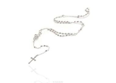 NSA|Man or Woman Rosary Necklace in 925 Sterling Silver Diamond Balls 3mm Cross Miraculous Madonna
