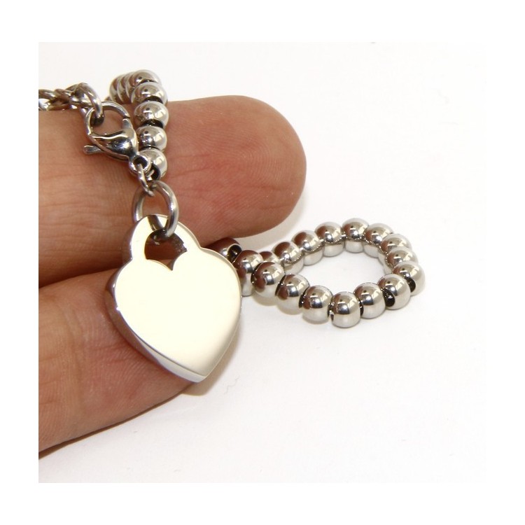 NSA|Acciaio donna anallergico cromato bracciale palline con cuore liscio 15,00 17,00 cm