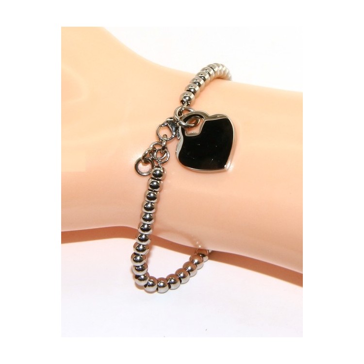 NSA|Acciaio donna anallergico cromato bracciale palline con cuore liscio 15,00 17,00 cm