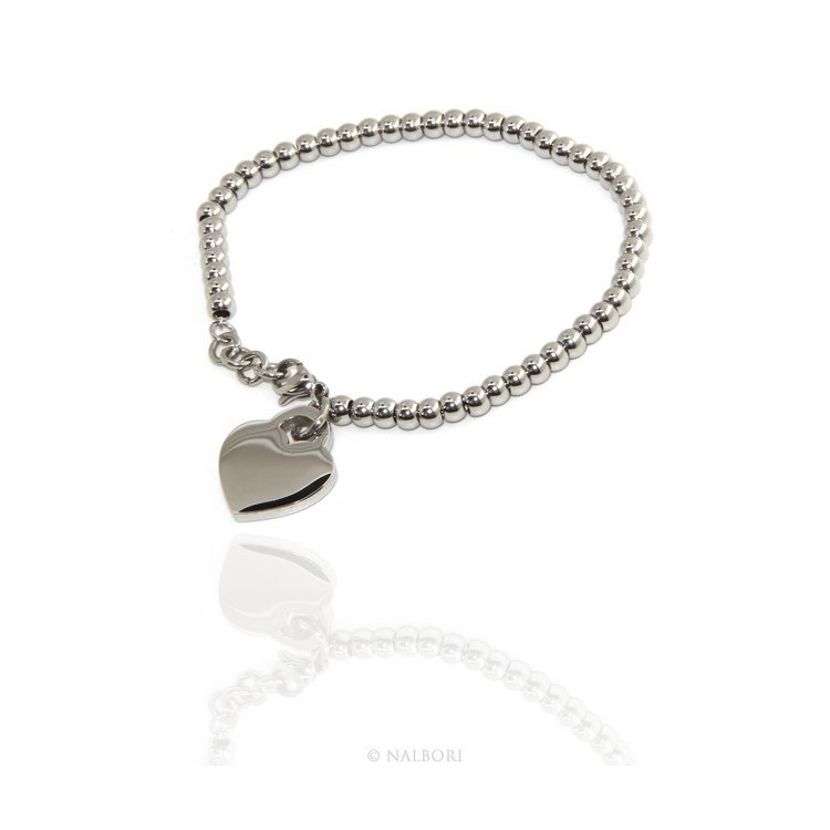 NSA|Acciaio donna anallergico cromato bracciale palline con cuore liscio 15,00 17,00 cm