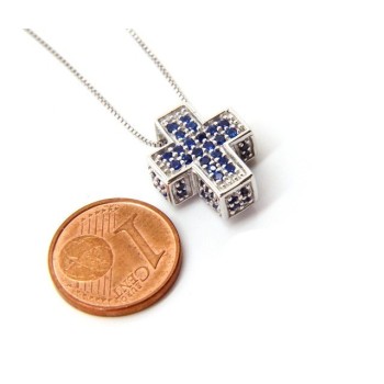 NSA|Argento 925 : Collana Collier uomo donna veneziana 45 cm e croce 3D a pavè di zirconi BLU