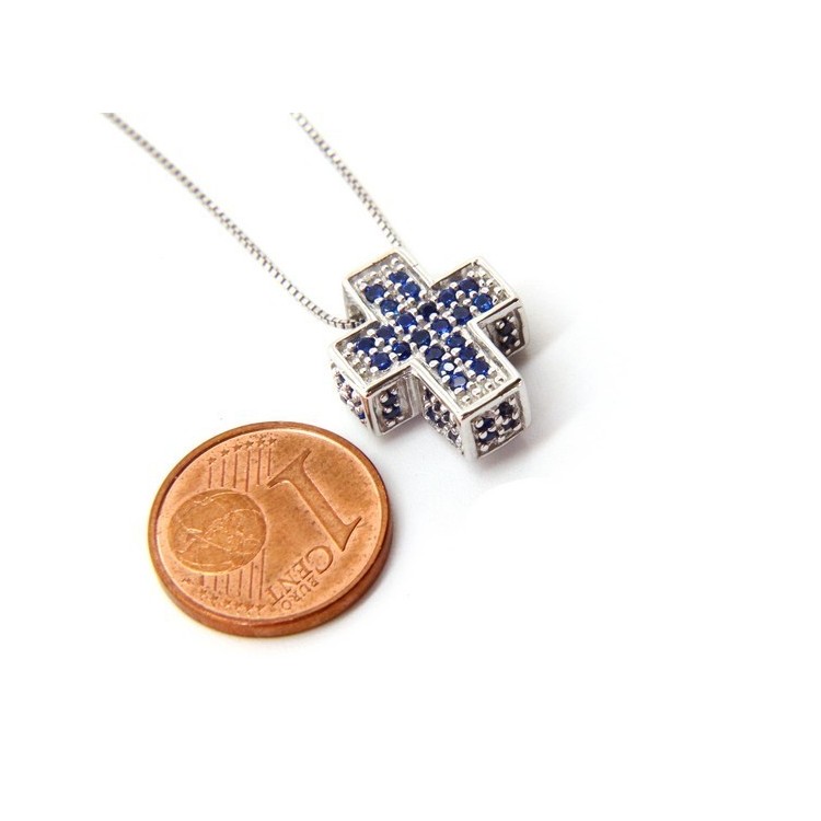 NSA|Argento 925 : Collana Collier uomo donna veneziana 45 cm e croce 3D a pavè di zirconi BLU