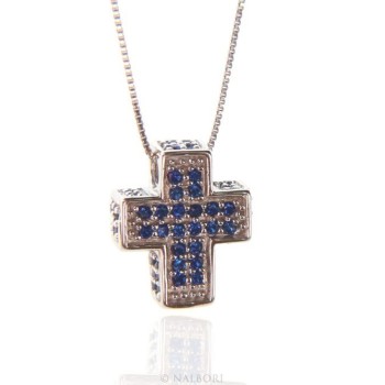 NSA|Silver 925: Necklace Collier man Venetian woman 45 cm and 3D cross with blue zircons pavé