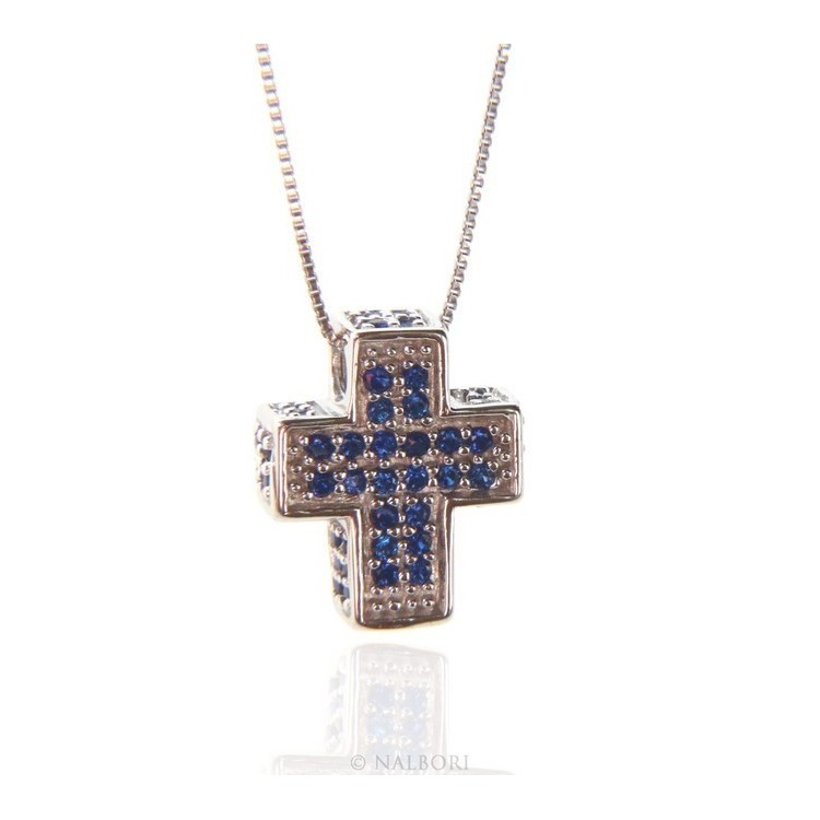 NSA|Silver 925: Necklace Collier man Venetian woman 45 cm and 3D cross with blue zircons pavé