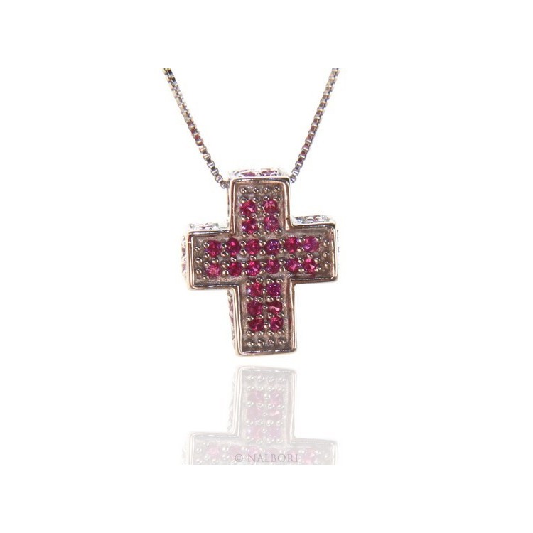 NSA|Argento 925 : Collana Collier uomo donna veneziana 45 cm e croce 3D a pavè di zirconi ROSSO rubino