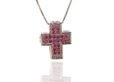 NSA|Argento 925 : Collana Collier uomo donna veneziana 45 cm e croce 3D a pavè di zirconi ROSSO rubino