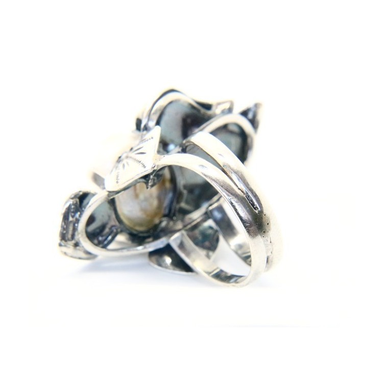 NSA|Silver 925: Hand-made woman's ring with leaves and baroque pearl size 16