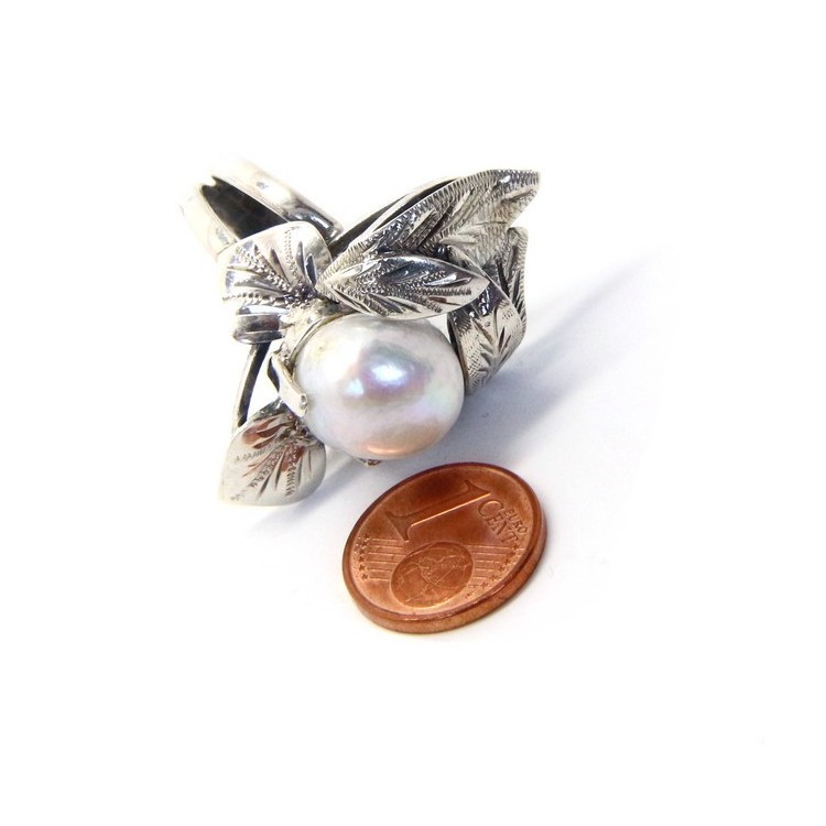 NSA|Argento 925 : Anello donna realizzato a mano con foglie e perla barocca misura 16