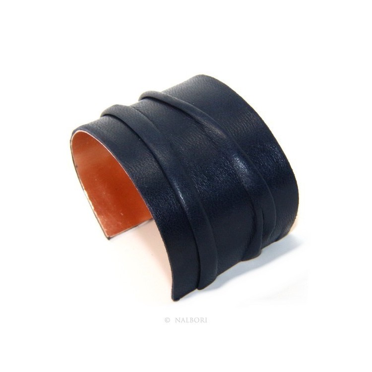 NSA|Adjustable open slaved woman bracelet dressed in genuine dark blue leather NALBORI®