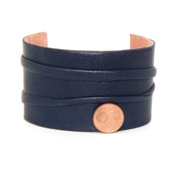 NSA|Bracciale donna schiava aperto regolabile rivestito in vera pelle blu scuro NALBORI®