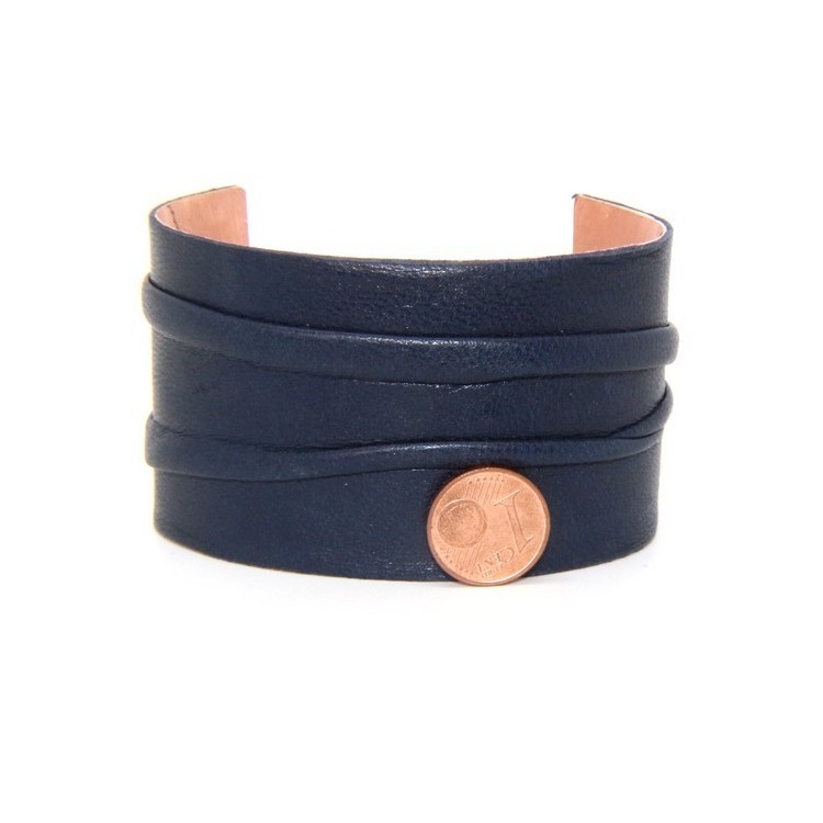 NSA|Bracciale donna schiava aperto regolabile rivestito in vera pelle blu scuro NALBORI®