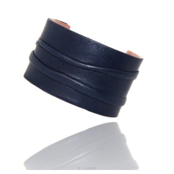 NSA|Bracciale donna schiava aperto regolabile rivestito in vera pelle blu scuro NALBORI®