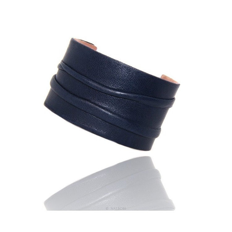 NSA|Bracciale donna schiava aperto regolabile rivestito in vera pelle blu scuro NALBORI®