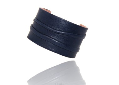 NSA|Bracciale donna schiava aperto regolabile rivestito in vera pelle blu scuro NALBORI®