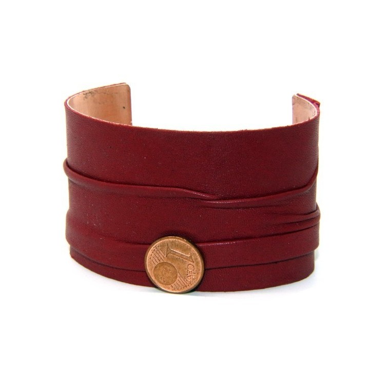 NSA|Bracciale donna schiava aperto regolabile rivestito in vera pelle rosso scuro NALBORI®