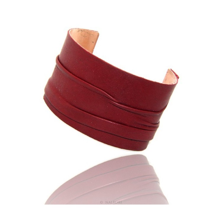 NSA|Bracciale donna schiava aperto regolabile rivestito in vera pelle rosso scuro NALBORI®