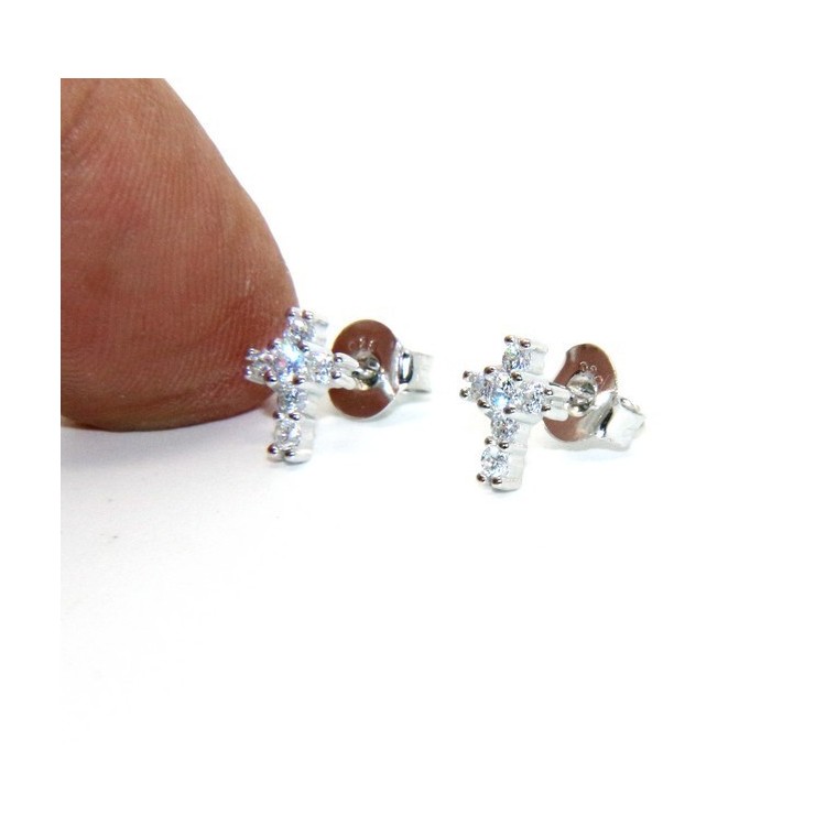 NSA|Argento 925 : orecchini uomo/donna punto luce croce piccoli zircone bianco