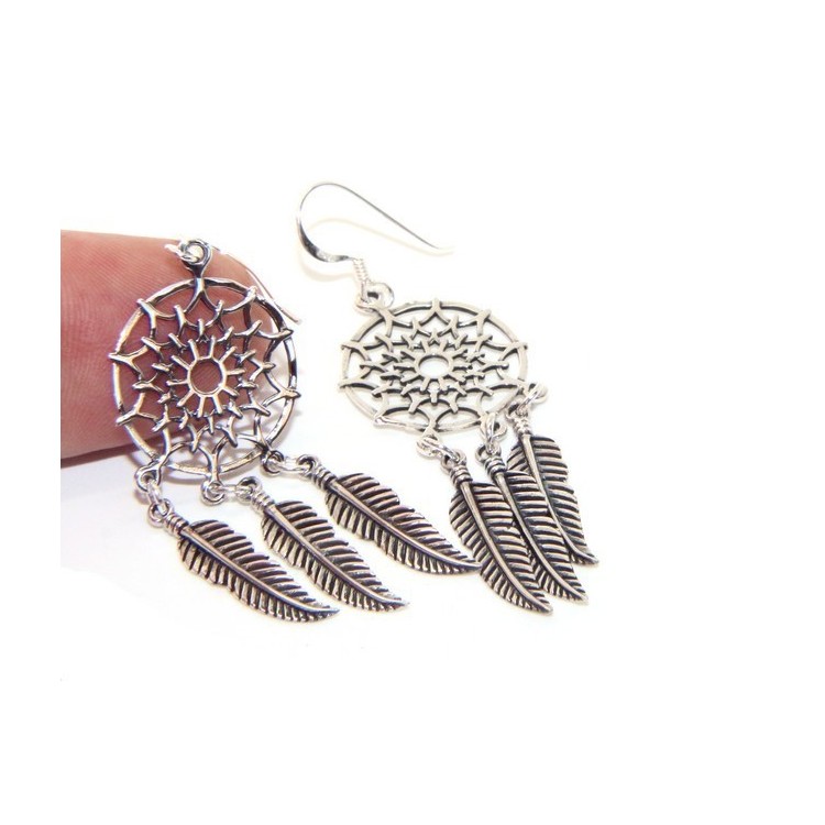 NSA|925, pendants earrings woman with dream catchers catcher and antique dark feathers