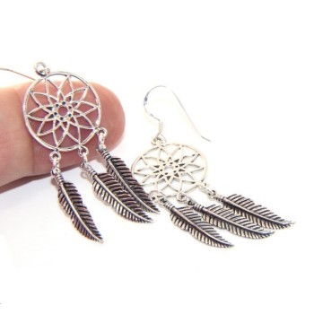 NSA|Argento 925 , orecchini donna pendenti con acchiappasogni dreamcatcher acchiappa sogni e piume scuri anticati