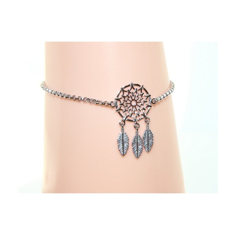 NSA|Argento 925 , bracciale donna ragazza cerchio e piume acchiappasogni acchiappa sogni dreamcatcher 15-19 cm