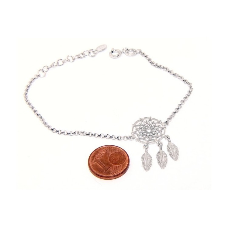 NSA|Argento 925 , bracciale donna ragazza cerchio e piume acchiappasogni acchiappa sogni dreamcatcher 15-19 cm