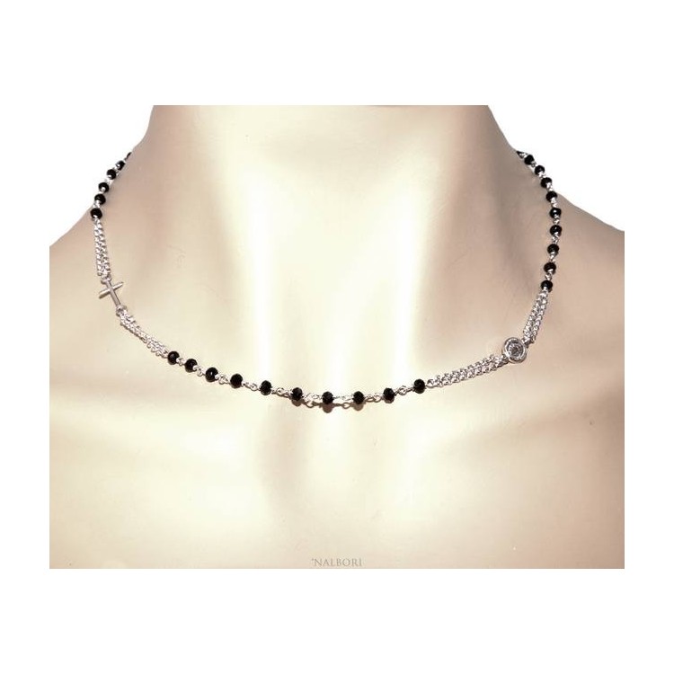 NSA|Rosary Necklace 925 Silver Man With black crystal cross and madonna 45 + 5 cm