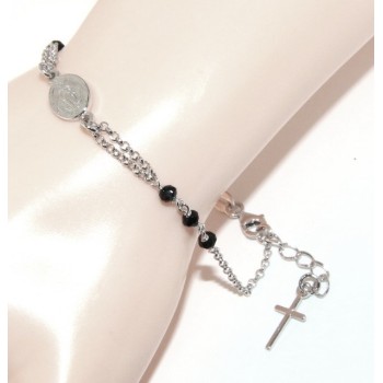 NSA|Bracciale rosario uomo donna in Argento 925 ovale madonna , croce e cristallo nero 16,00 18,50 cm