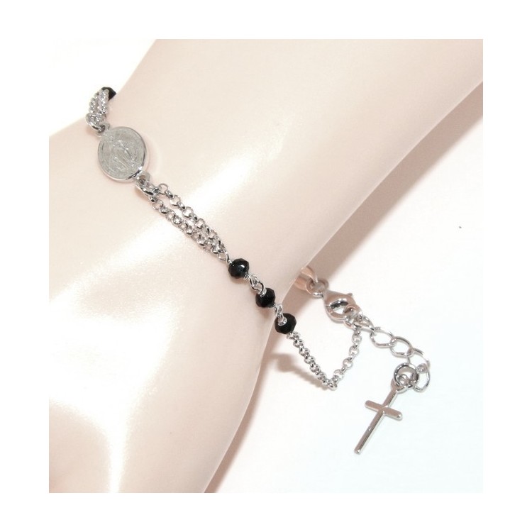 NSA|Bracciale rosario uomo donna in Argento 925 ovale madonna , croce e cristallo nero 16,00 18,50 cm