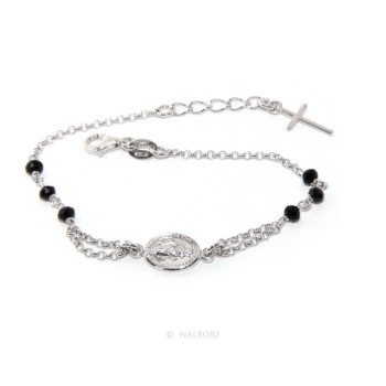 NSA|Bracciale rosario uomo donna in Argento 925 ovale madonna , croce e cristallo nero 16,00 18,50 cm
