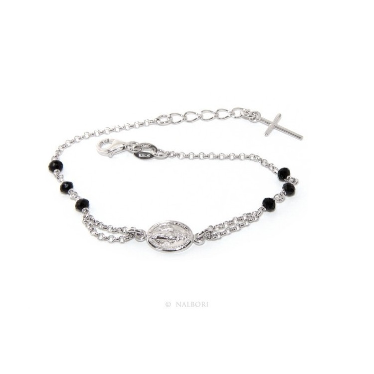 NSA|Rosary bracelet male female 925 sterling silver oval madonna, cross and black crystal 16.00 18.50 cm