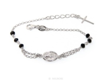 NSA|Rosary bracelet male female 925 sterling silver oval madonna, cross and black crystal 16.00 18.50 cm