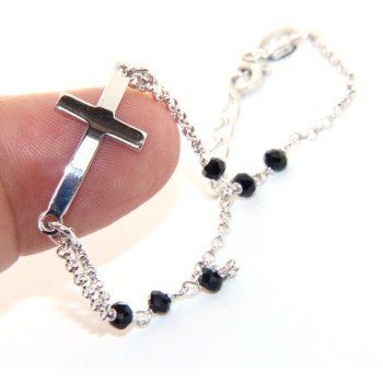 NSA|Bracciale rosario uomo donna in Argento 925 croce convessa e cristallo nero. Misura 16,50 - 19,00