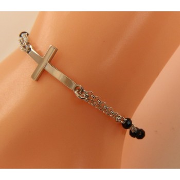 NSA|Bracciale rosario uomo donna in Argento 925 croce convessa e cristallo nero. Misura 16,50 - 19,00