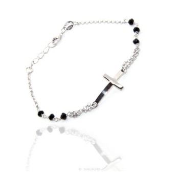 NSA|Bracciale rosario uomo donna in Argento 925 croce convessa e cristallo nero. Misura 16,50 - 19,00