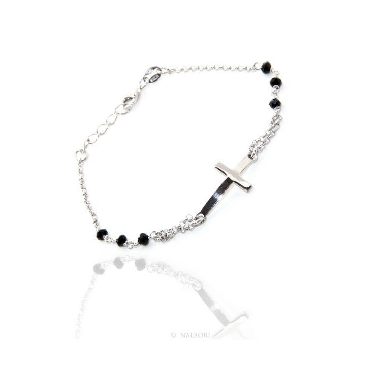NSA|Rosary bracelet male female 925 convex cross and black crystal. Measure 16.50 - 19.00