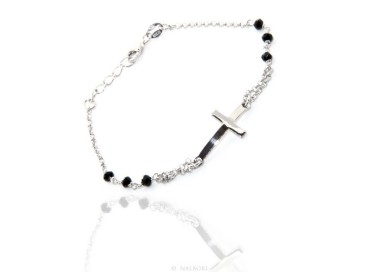 NSA|Rosary bracelet male female 925 convex cross and black crystal. Measure 16.50 - 19.00