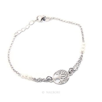 NSA|Bracciale uomo donna ragazzo Argento 925 lavorazione a rosario perle bianco con Albero della Vita centrale 16,50-19,00 cm