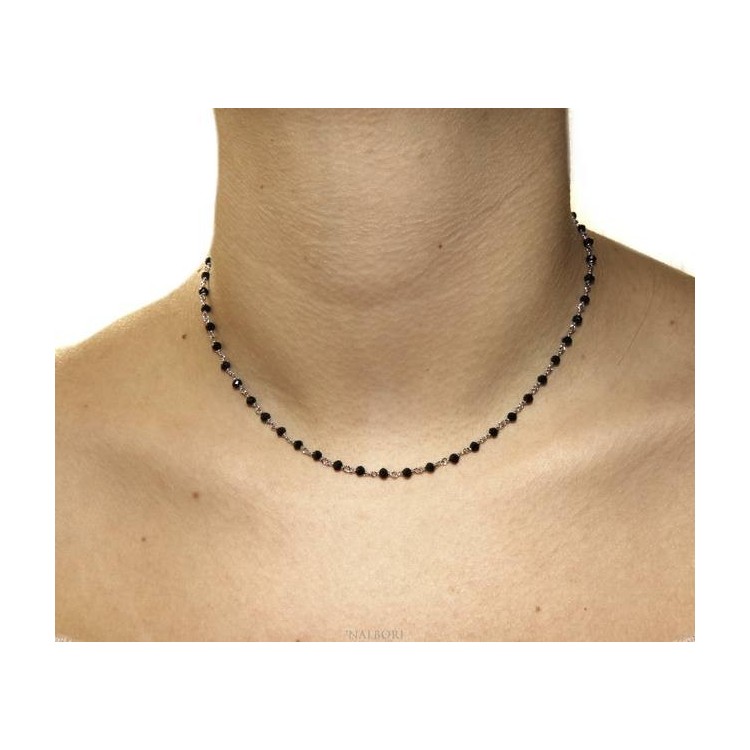 NSA|Man woman necklace Silver 925 with black crystal 3.5 mm working rosary Marseille handmade 40 + 5