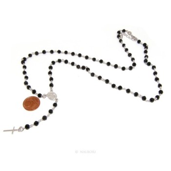 NSA|925 Silver Rosary Men's Necklace With Round Black Crystal 4mm Miraculous Madonna Cross 60 + 5