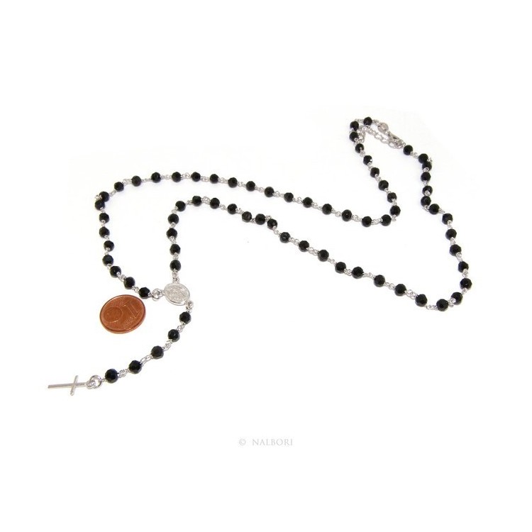 NSA|Collana Rosario uomo Argento 925 Con cristallo nero tondo 4mm croce madonna miracolosa 60+5